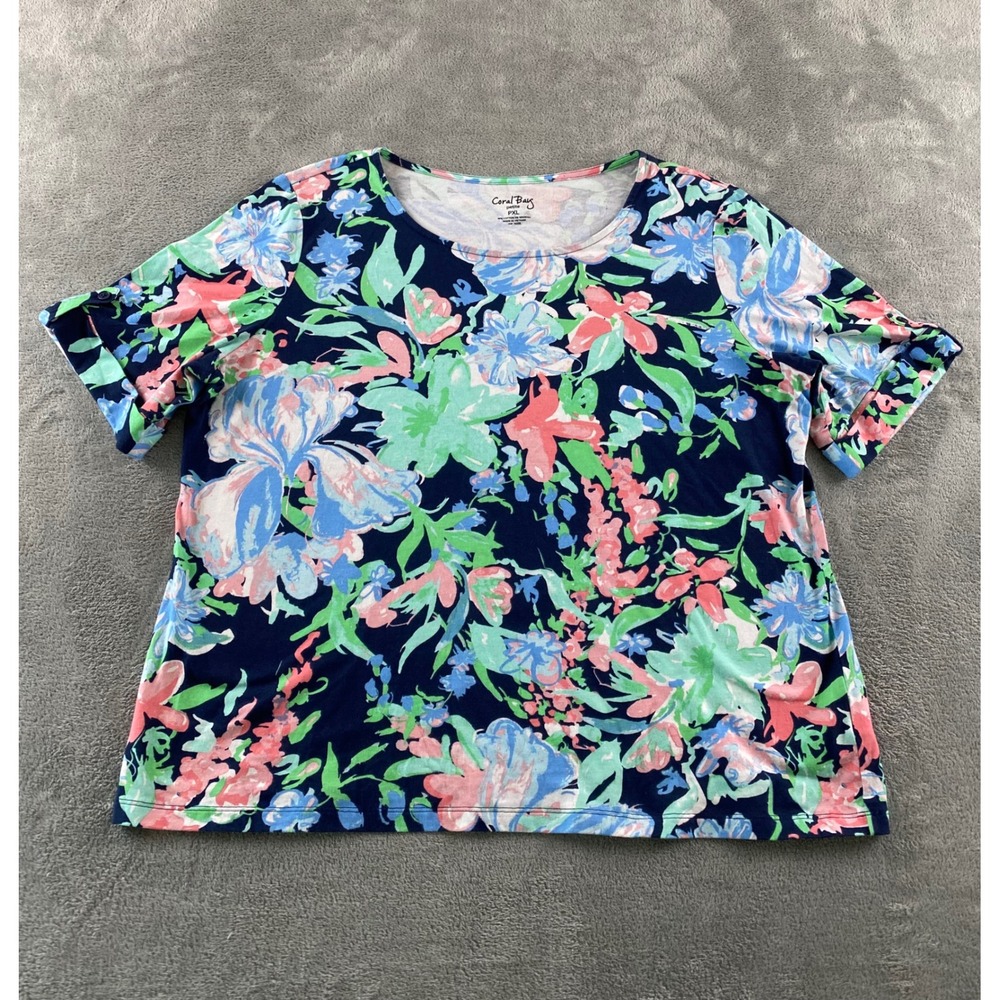 Coral Bay Petite PXL Floral Short Sleeve Roll Tab Button Knit Top Navy Multi